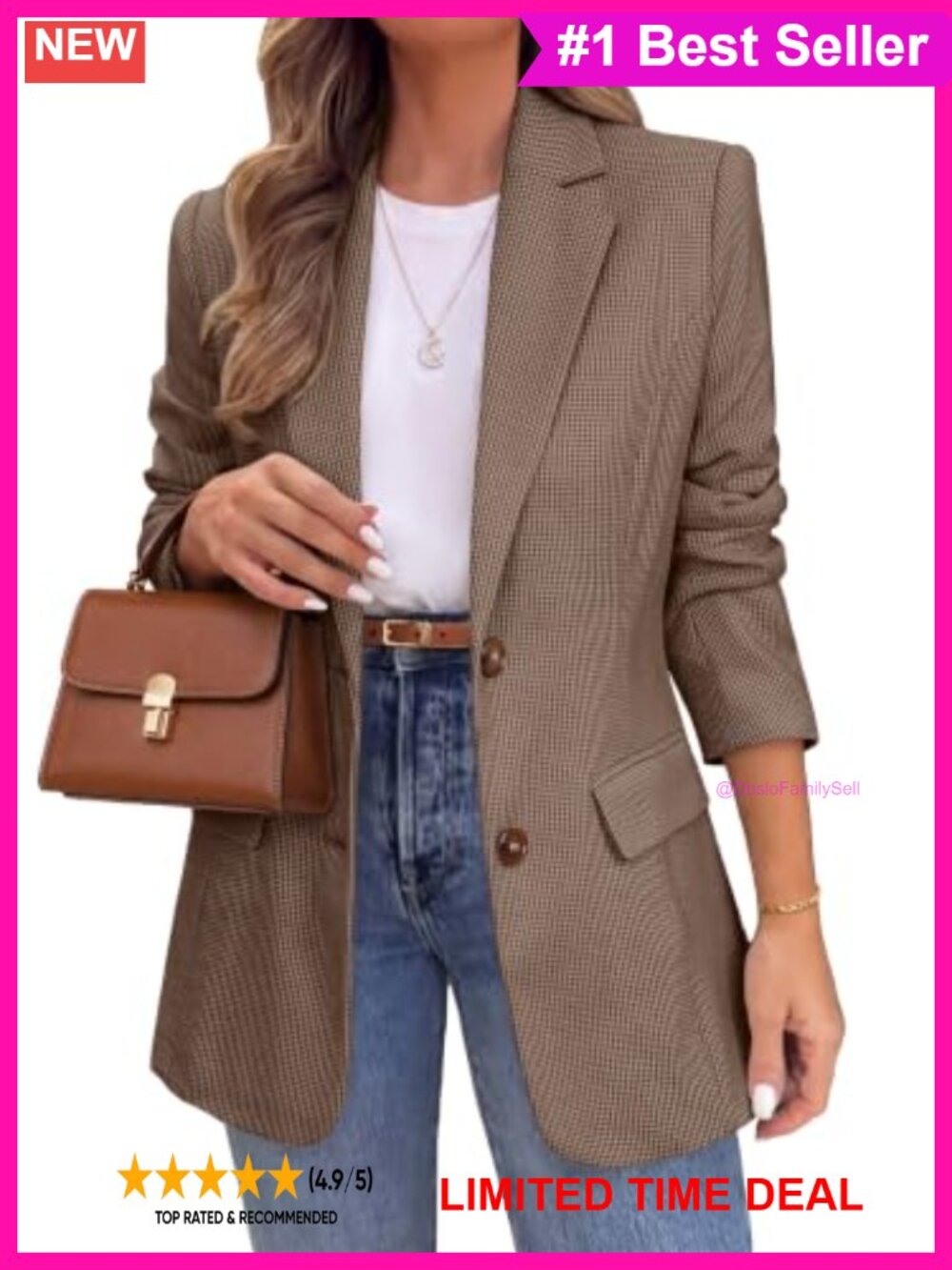 Women's Houndstooth Plaid Tweed Blazer Notched Lapel Business Casual